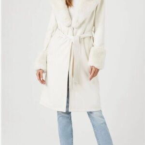 Forever 21 Cream Trench Coat with Faux Fur Trim